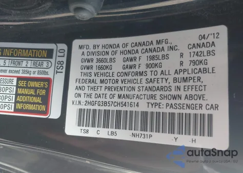 2012 Honda Civic Lx from USA, damaged, VIN 2HGFG3B57CH541614